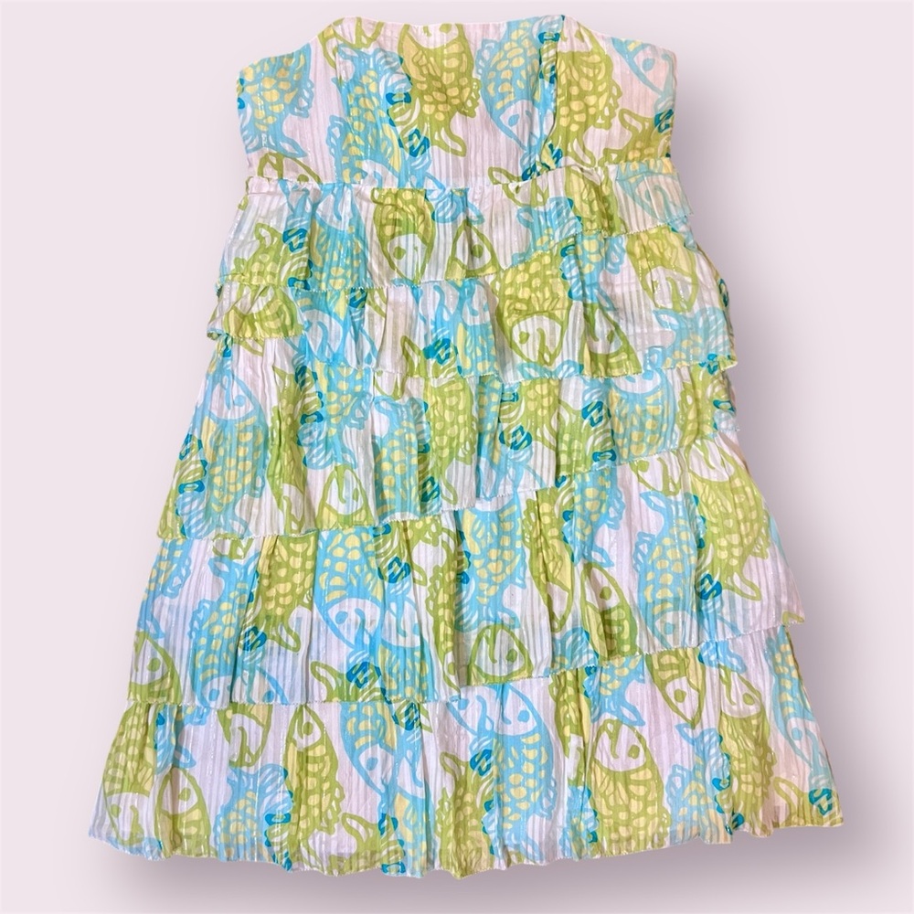 Lilly Pulitzer Pretty Strapless Ruffle Dress Sz 6 EUC Green Blue White
